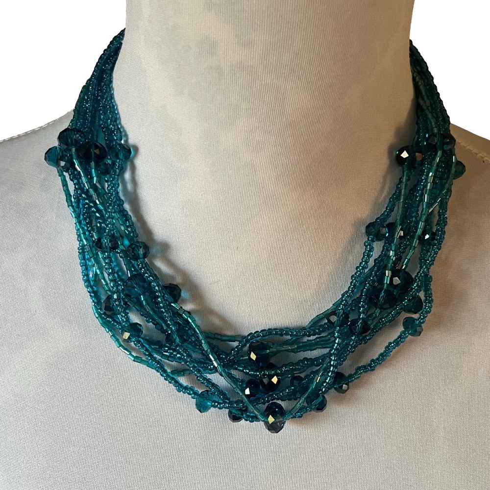 Multi-strand Teal Glass Beaded Statement Necklace
